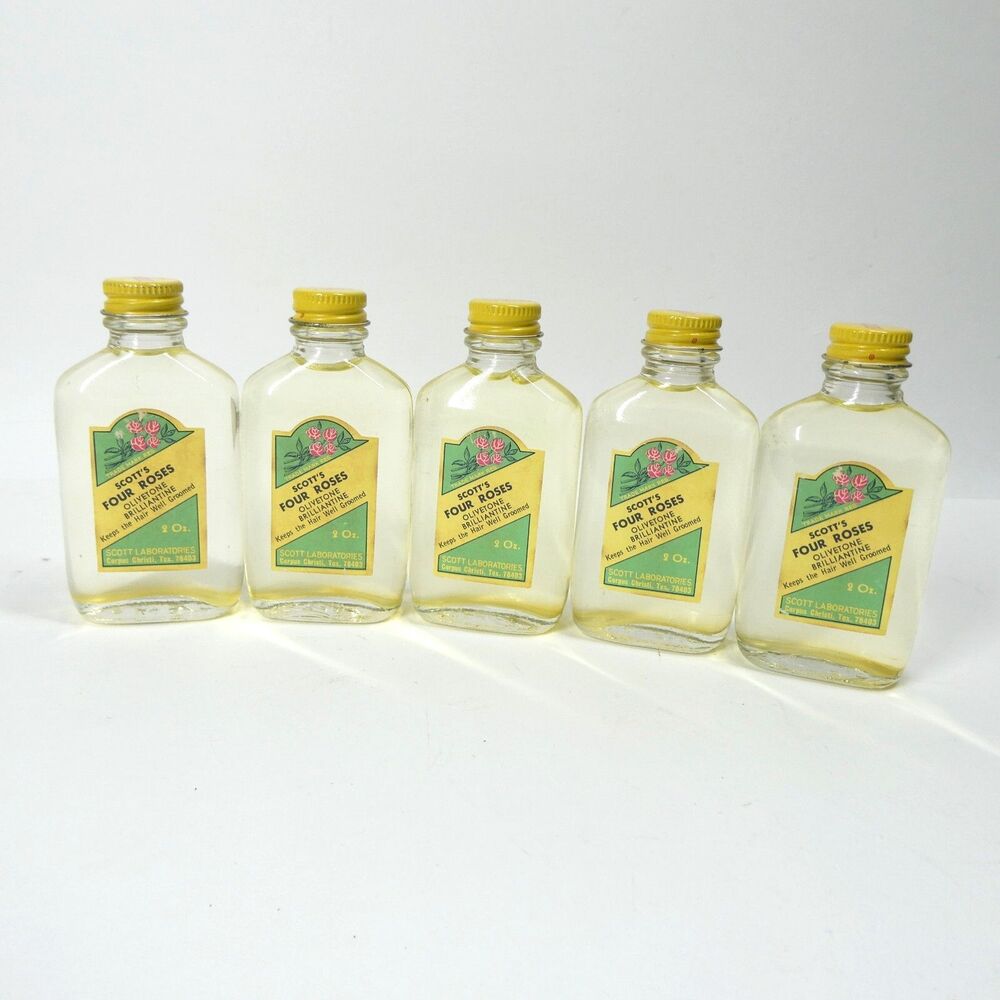 Scott’s Four Roses Brilliantine Hair Styling Oil NOS Vintage 2oz Bottles x5